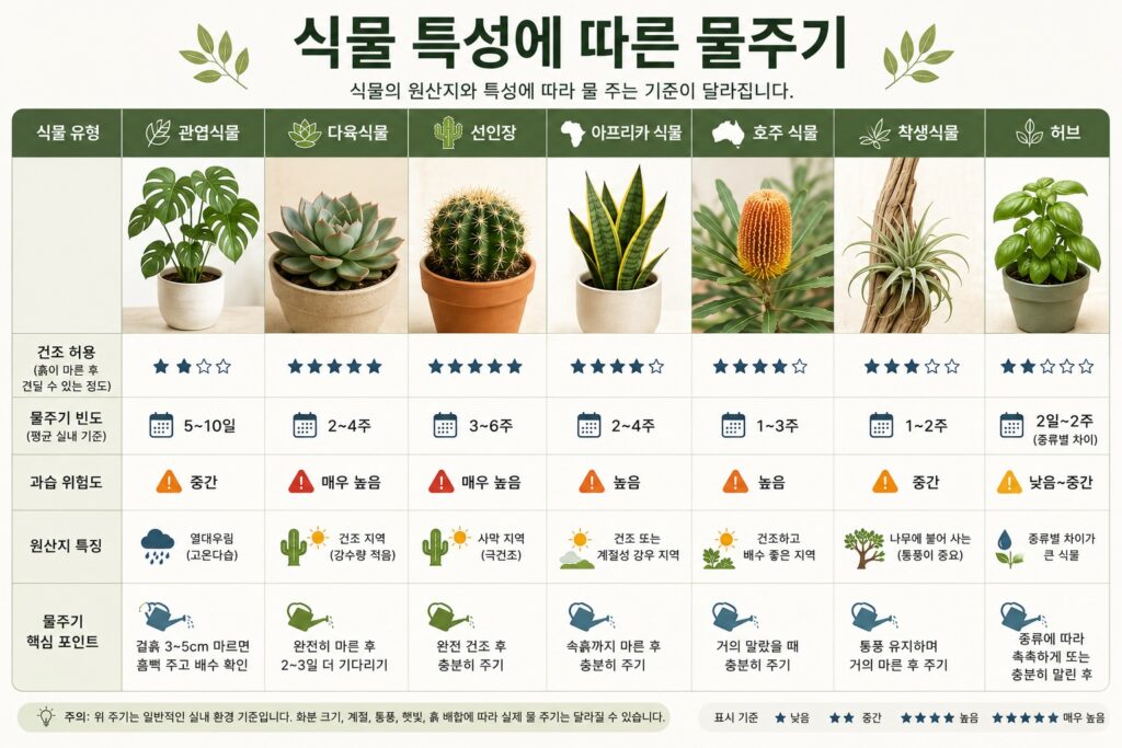 식물 종류별 물주기 빈도와 과습 위험도 비교표