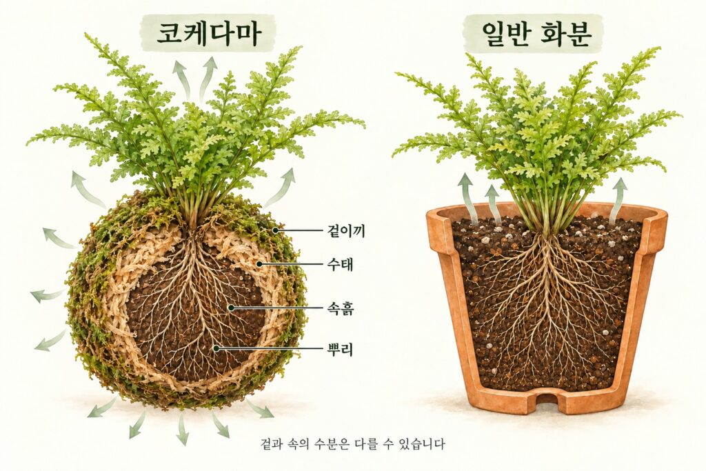 코케다마와 일반 화분 구조 비교