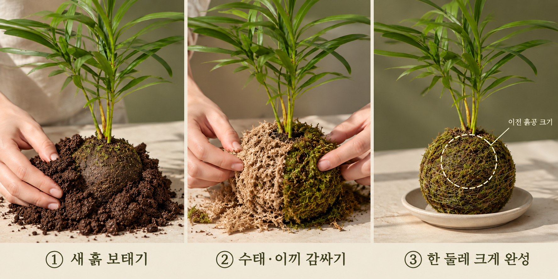 촉촉한 새 흙을 보태고 수태와 이끼를 감싸 기존 밑동 높이로 완성하는 과정