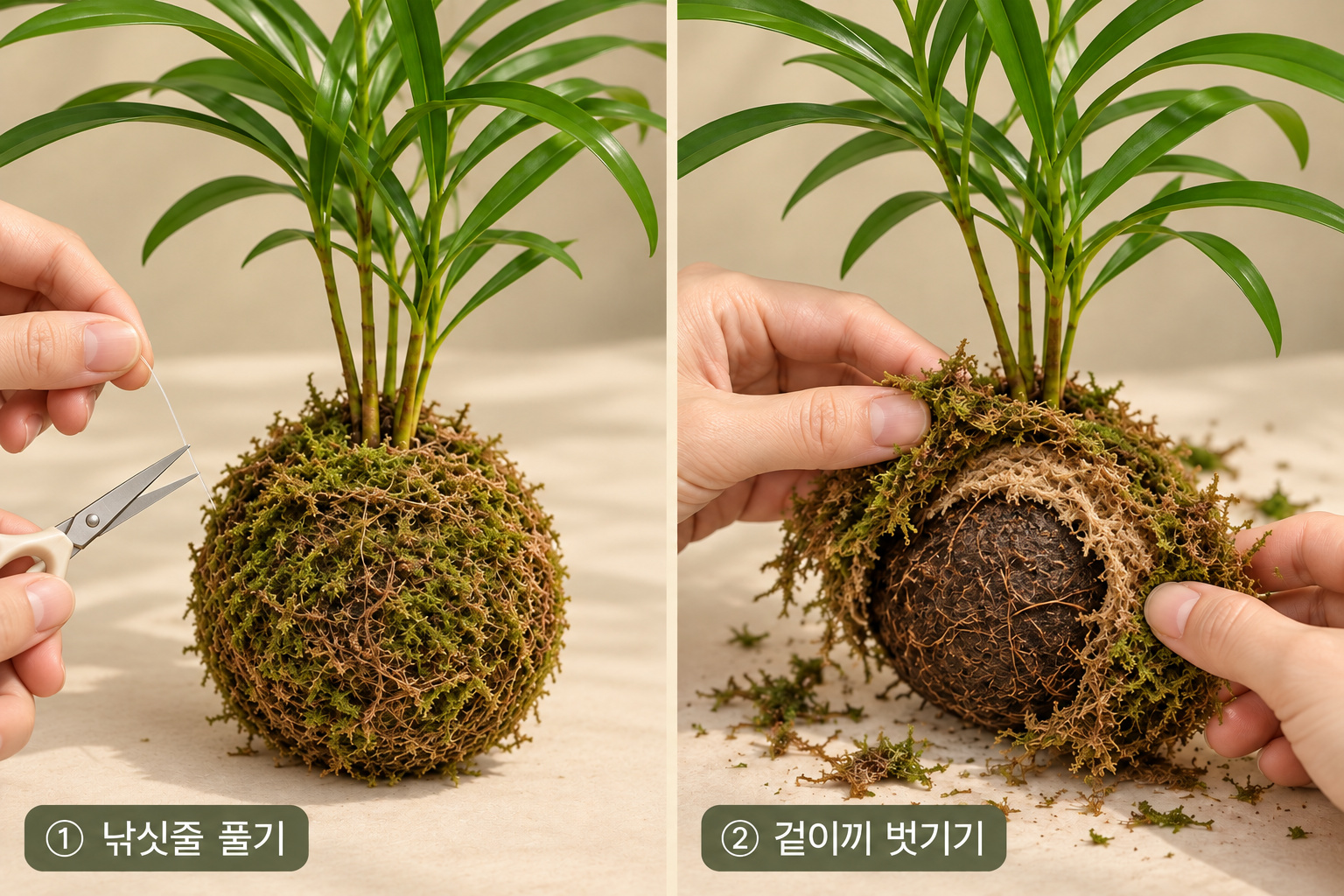 흙공 옆면의 낚싯줄만 안전하게 자르고 겉이끼와 수태를 벗기는 과정