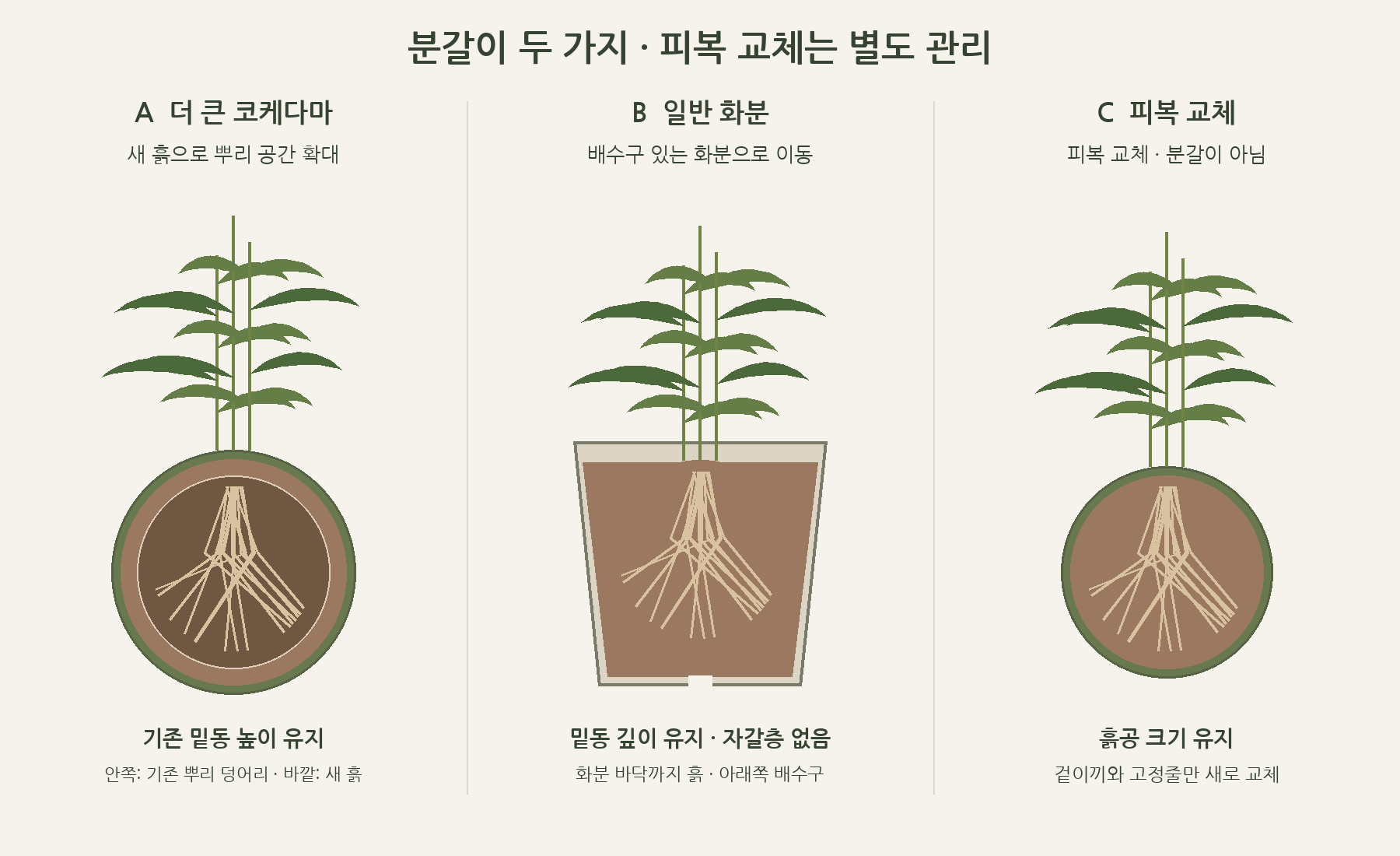더 큰 코케다마, 일반 화분 이동, 분갈이가 아닌 피복 교체 비교 도해