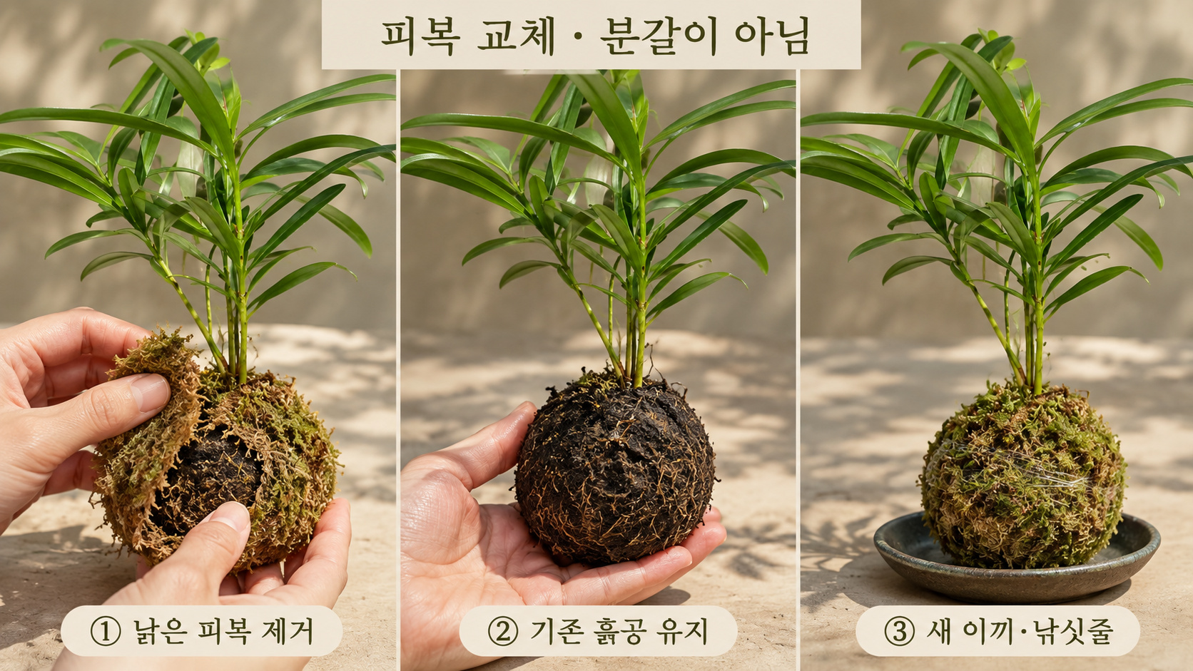 기존 흙공 크기를 유지하며 겉이끼와 낚싯줄을 교체하는 과정